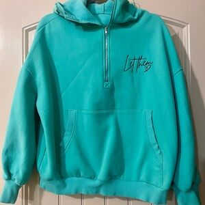Aqua Half-Zip Hoodie with Embroidered Detail EUC